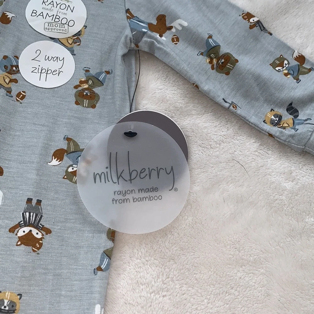 NWT Milkberry Animal Football Gray Footie w/ Beanie Hat Set 6-9M Bamboo